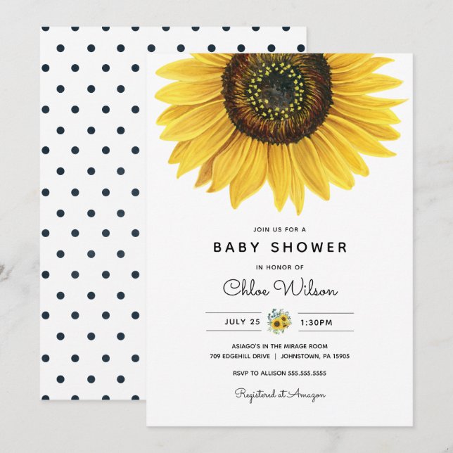 Invitación a Baby Shower de girasol acuarela (Anverso / Reverso)