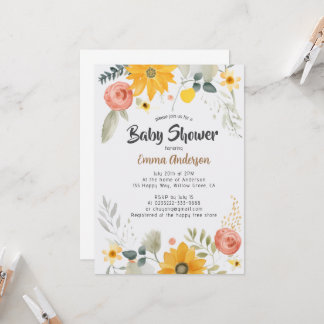 Invitación a Baby Shower de girasol acuarela