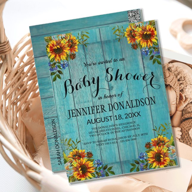 Invitación a Baby Shower de girasol azul ruso (RUSTIC BLUE SUNFLOWER BABY SHOWER INVITATION)