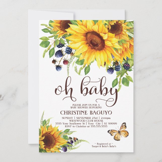Invitación a Baby Shower de girasol elegante Boho (Anverso)