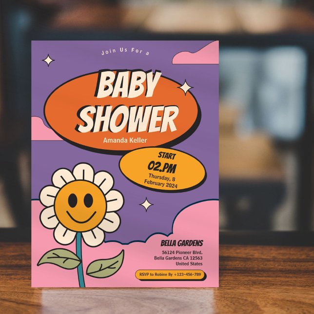 Invitación a Baby Shower de girasol Retro Groovy (Subido por el creador)