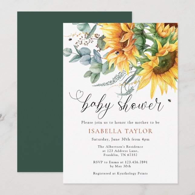 Invitación a Baby Shower de girasol ruso (Anverso / Reverso)