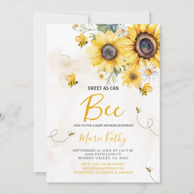 Invitación a Baby Shower de girasol tan dulce como (Anverso)