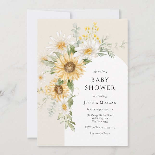 Invitación a Baby Shower de girasol y margarita (Anverso)