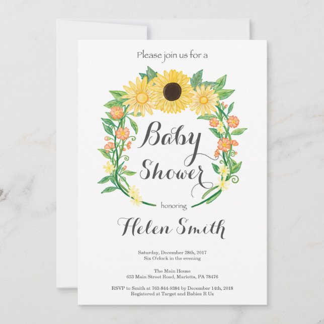 Invitación a Baby Shower de girasoles (Anverso)