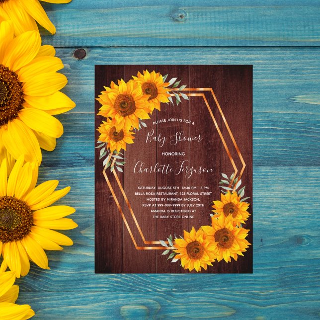 Invitación a Baby Shower de girasoles de madera rú (Subido por el creador)
