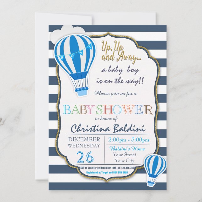 Invitación a Baby Shower de globo aerostático (Anverso)