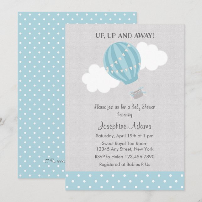 Invitación a Baby Shower de globo aerostático azul (Anverso / Reverso)