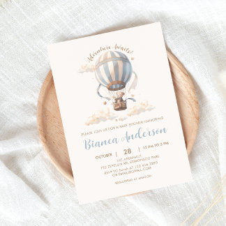 Invitación a Baby Shower de globo aerostático azul