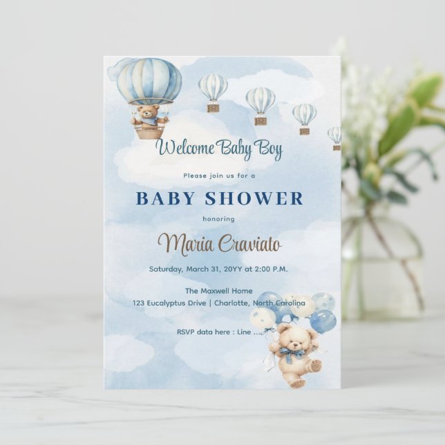Invitación a baby shower de globo aerostático con  (Anverso de pie)