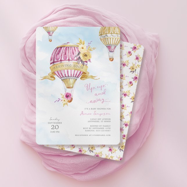 Invitación a Baby Shower de globo aerostático de o (Shown on a 5" x 7" invitation)