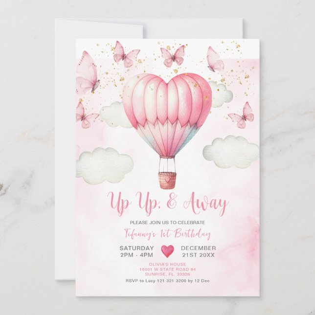 Invitación a Baby Shower de globo aerostático rosa (Anverso)