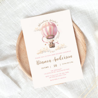 Invitación a Baby Shower de globo aerostático rosa