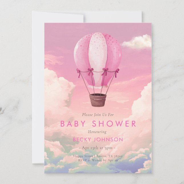Invitación a Baby Shower de globo aerostático rosa (Anverso)