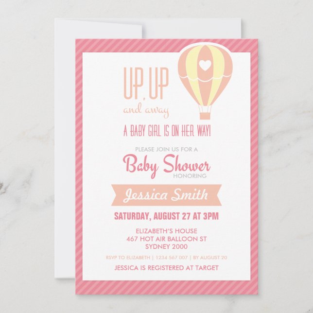 Invitación a Baby Shower de globo aerostático rosa (Anverso)