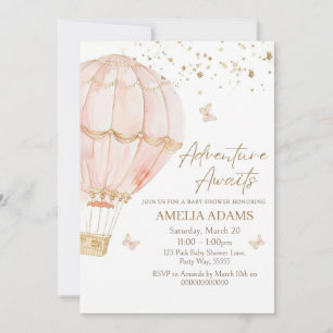Invitación a Baby Shower de globo aerostático rosa