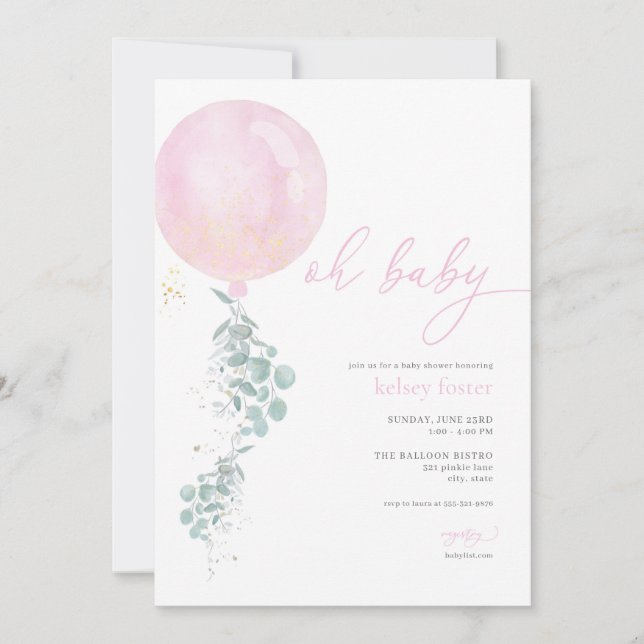 Invitación a Baby Shower de globo rosa chica (Anverso)