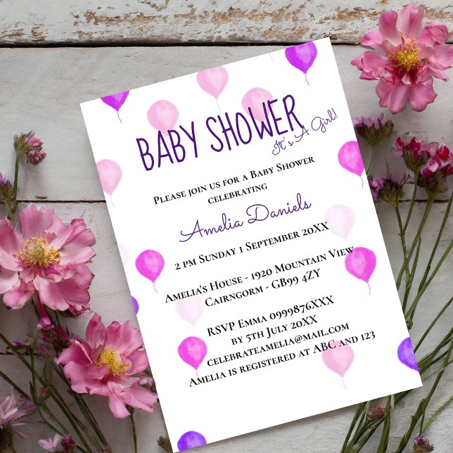 Invitación a Baby Shower de globo rosa morado de b (Subido por el creador)