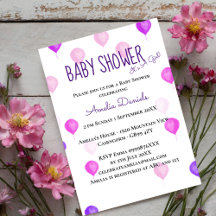 Invitación a Baby Shower de globo rosa morado de b
