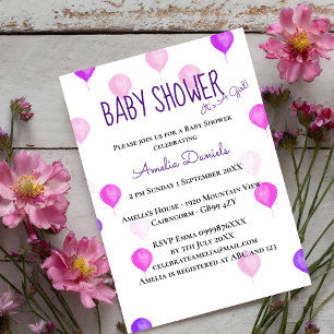 Invitación a Baby Shower de globo rosa morado de b