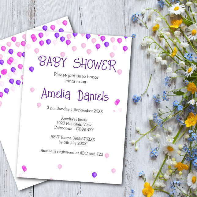 Invitación a Baby Shower de globo rosa morado de b (Subido por el creador)