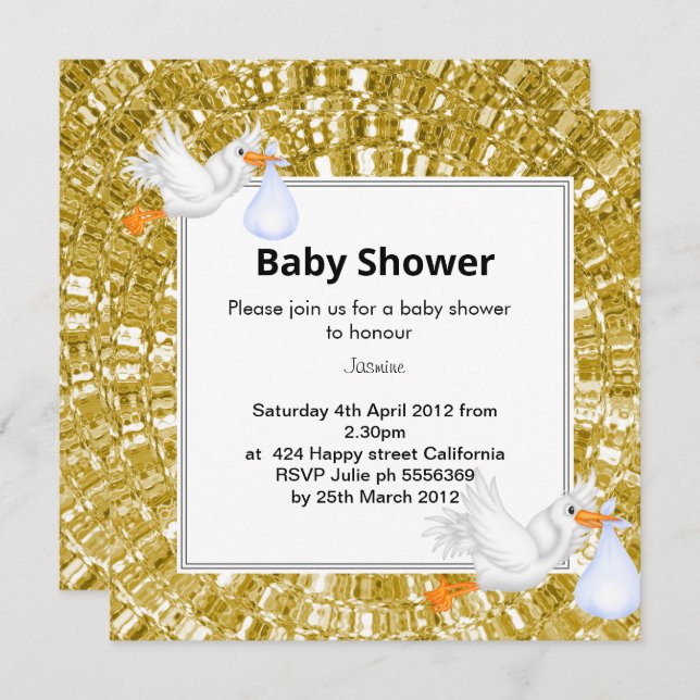 Invitación a Baby Shower de GOLD METALLIC LOOK Sto (Anverso / Reverso)