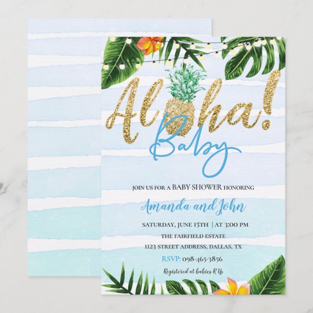 Invitación a Baby Shower de Gold Pineapple Aloha (Anverso / Reverso)