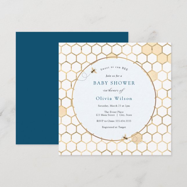 Invitación a Baby Shower de Golden Bee Boy (Anverso / Reverso)