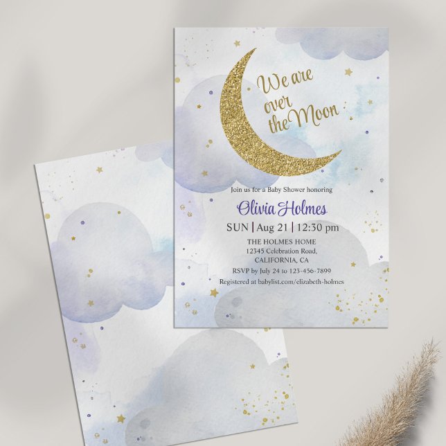 Invitación a Baby Shower de Golden Purpurina Moon (Golden Glitter Moon Baby Shower Invitation on a white table)