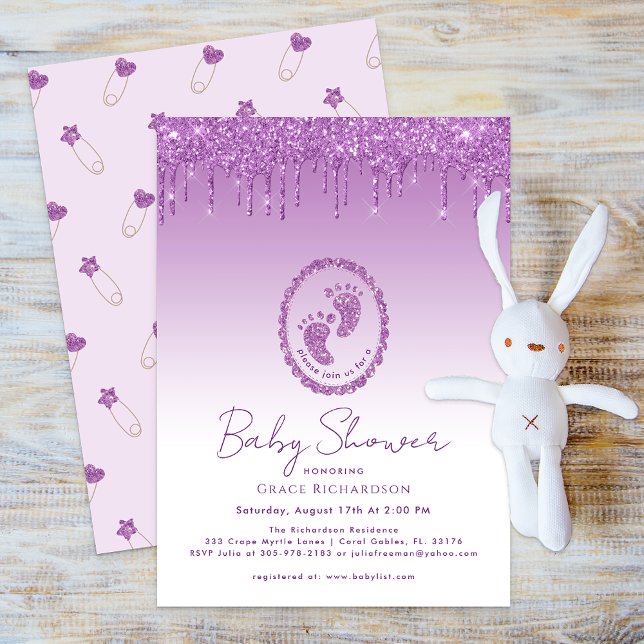 Invitación a Baby Shower de goteo de Purpurina púr (Purple Glitter Baby Shower Invite)