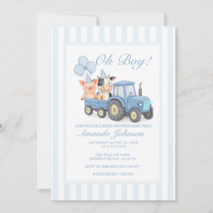 Invitación a baby shower de granja azul con tracto