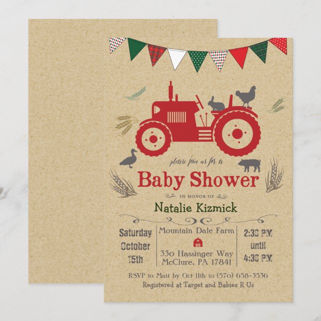 Invitación a baby shower de granja con tractor y a (Anverso / Reverso)