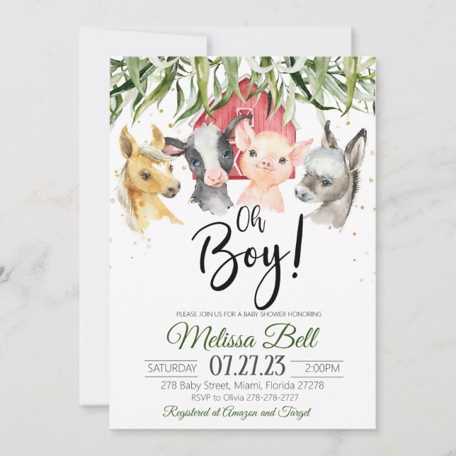 Invitación a baby shower de granja Niño Boho (Anverso)