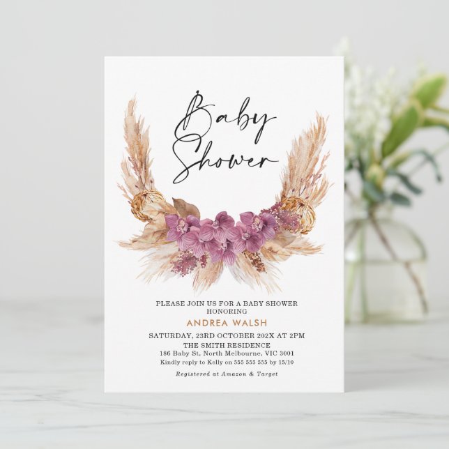 Invitación a Baby Shower de Grass Boho Pampas Mora (Anverso de pie)