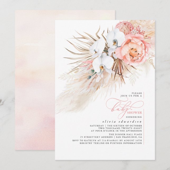 Invitación a Baby Shower de Grass Floral Pampas Ro (Anverso / Reverso)