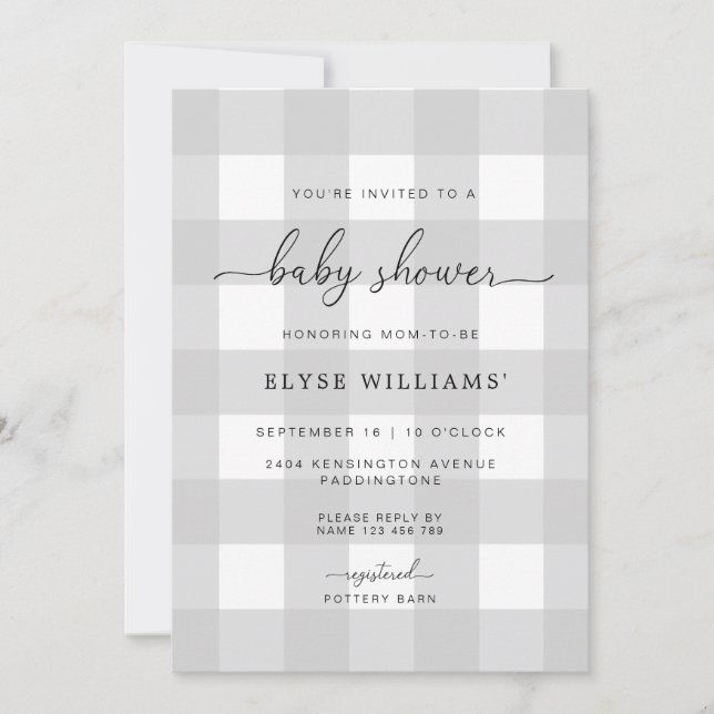 Invitación a Baby Shower de Gray Gingham (Anverso)