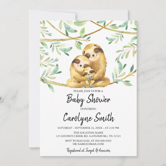 Invitación a Baby Shower de Green Adorable Sloth (Anverso)