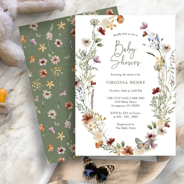 Invitación a Baby Shower de Green Boho Wildflower (Sage Green Boho Wildflower Baby Shower Invitation with Butterfly by Painted Paperie
)