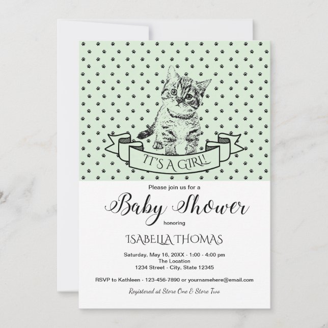 Invitación a Baby Shower de Green Cute Kitten (Anverso)