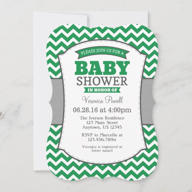 Invitación a Baby Shower de Green Gray Chevron (Anverso)