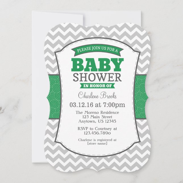 Invitación a Baby Shower de Green Gray Chevron (Anverso)