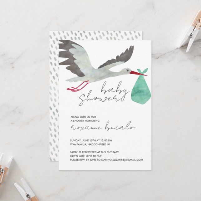 Invitación a Baby Shower de Green Stork (Anverso/Reverso In Situ)