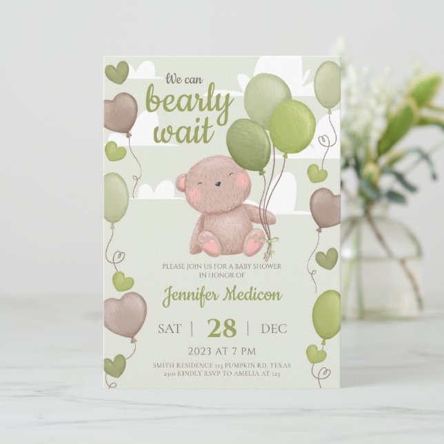 Invitación a Baby Shower de Green Teddy Bear Boy (Anverso de pie)