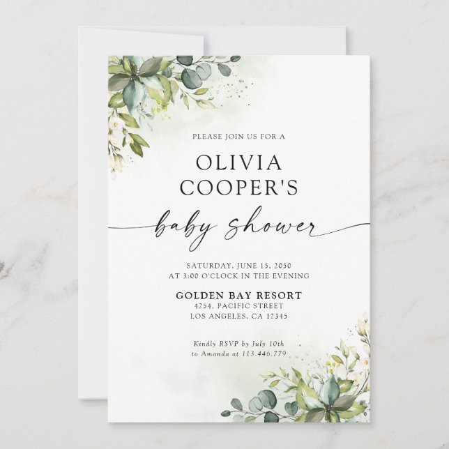 Invitación a Baby Shower de Greenery (Anverso)