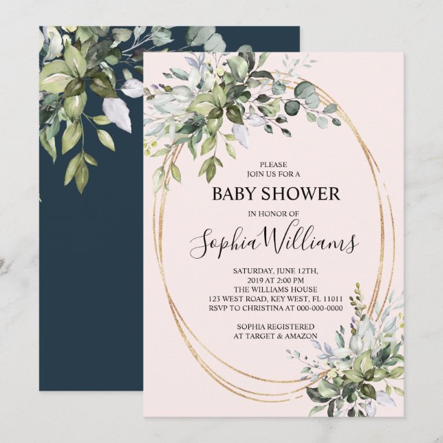 Invitación a Baby Shower de Greenery Floral (Anverso / Reverso)