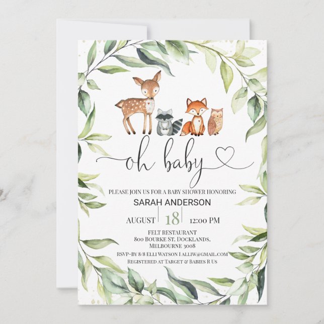 Invitación a Baby Shower de Greenery Foliage Woodl (Anverso)