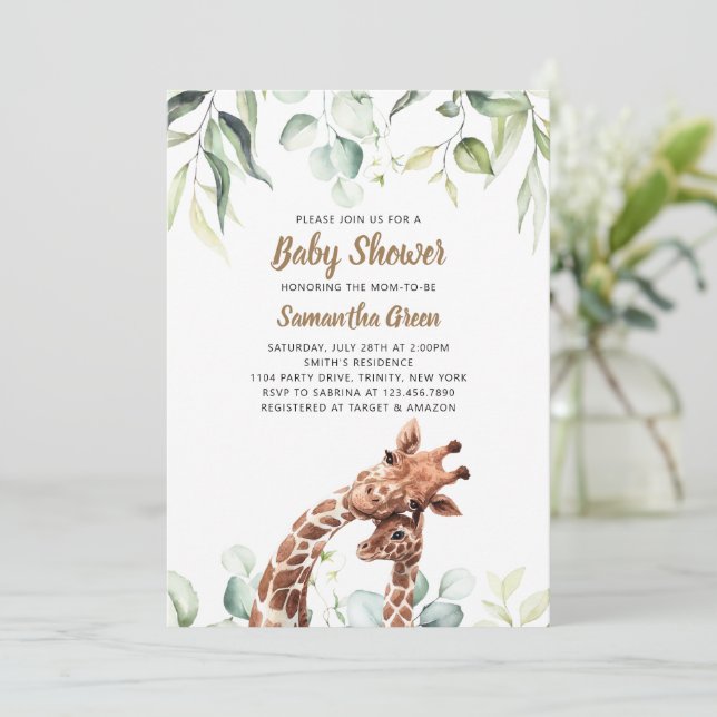 Invitación a Baby Shower de Greenery Giraffe (Anverso de pie)