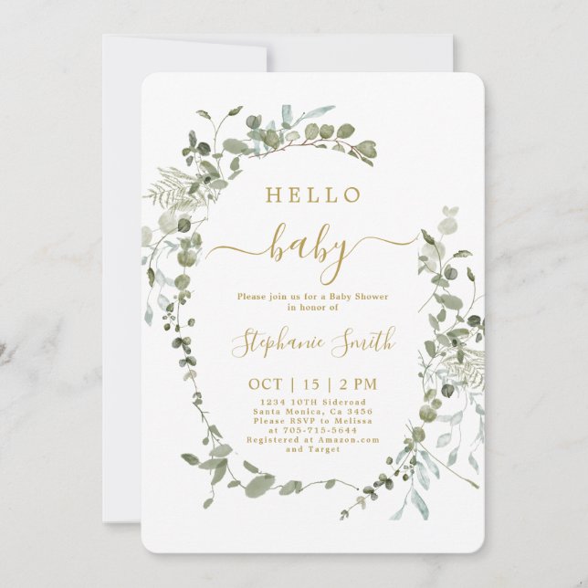 Invitación a Baby Shower de Greenery Hello (Anverso)