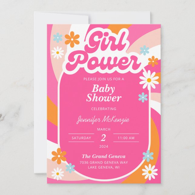 Invitación a Baby Shower de Groovy Chica Power (Anverso)