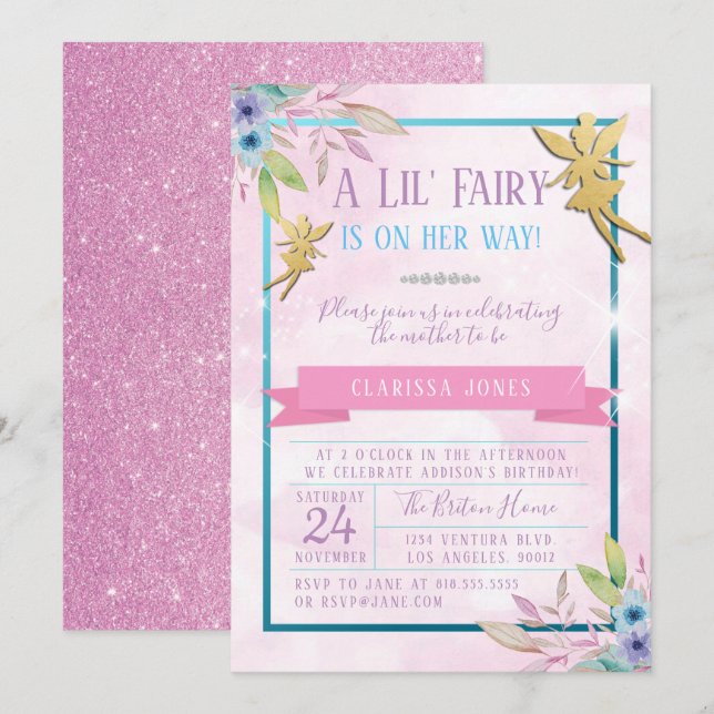 Invitación a Baby Shower de hadas (Anverso / Reverso)